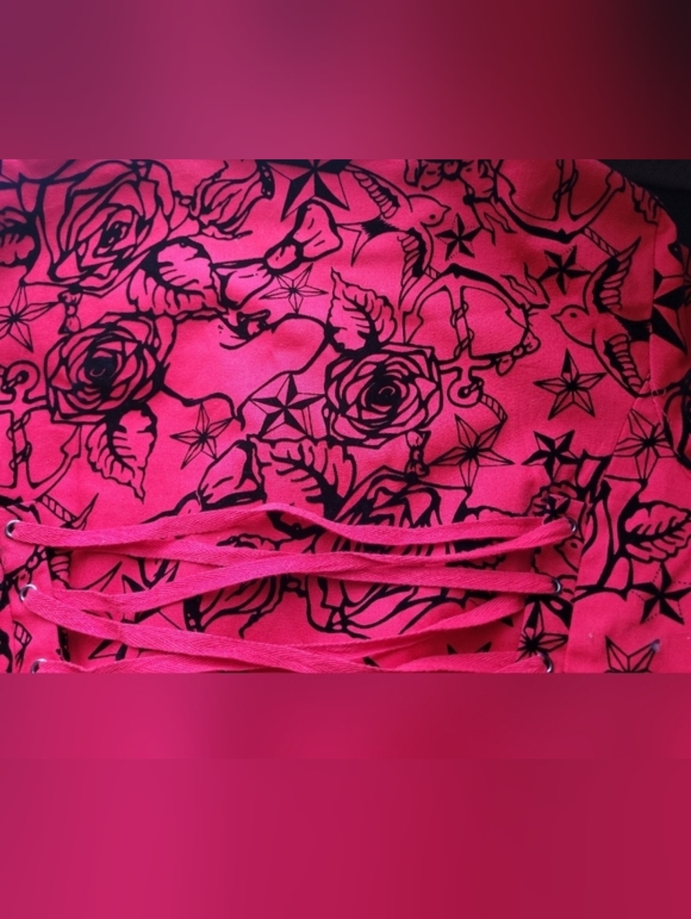 Hearts And Roses Flocked Tattoo Coat With Corset Back, Size 14 - Picture 10 of 12